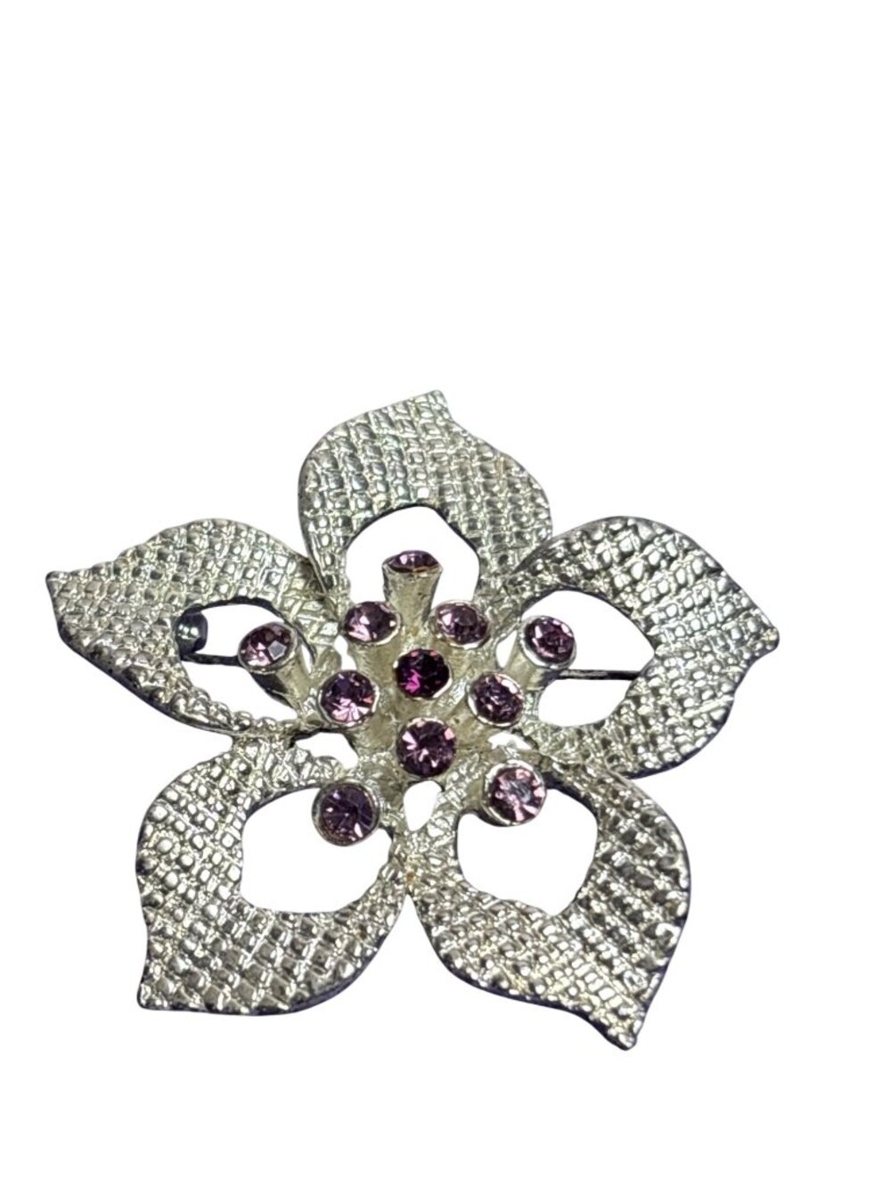 Vintage Silvertone Textured Flower Brooch Purple Rhinestones Metal Wear on Edges